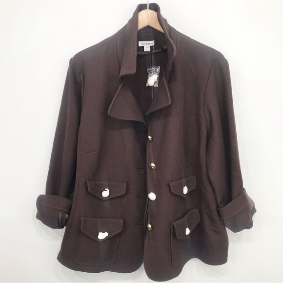 Joan Rivers Brown Stretch Knit Gold Button Multi Pocket Blazer Jacket NEW - Picture 2 of 16